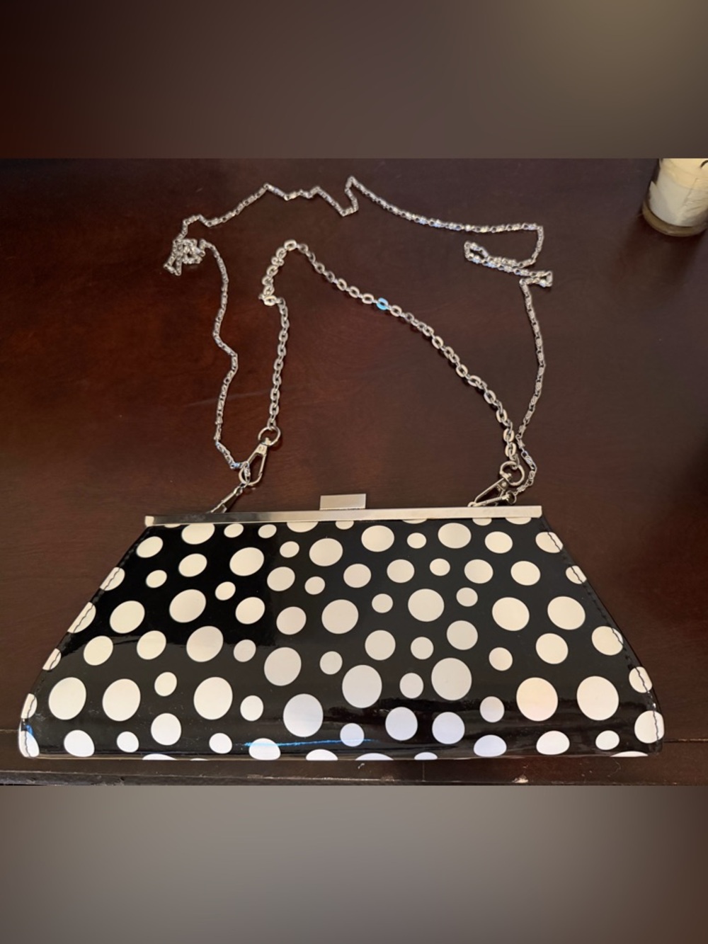 Neiman Marcus black and White Polka Dot Chain Clutch
